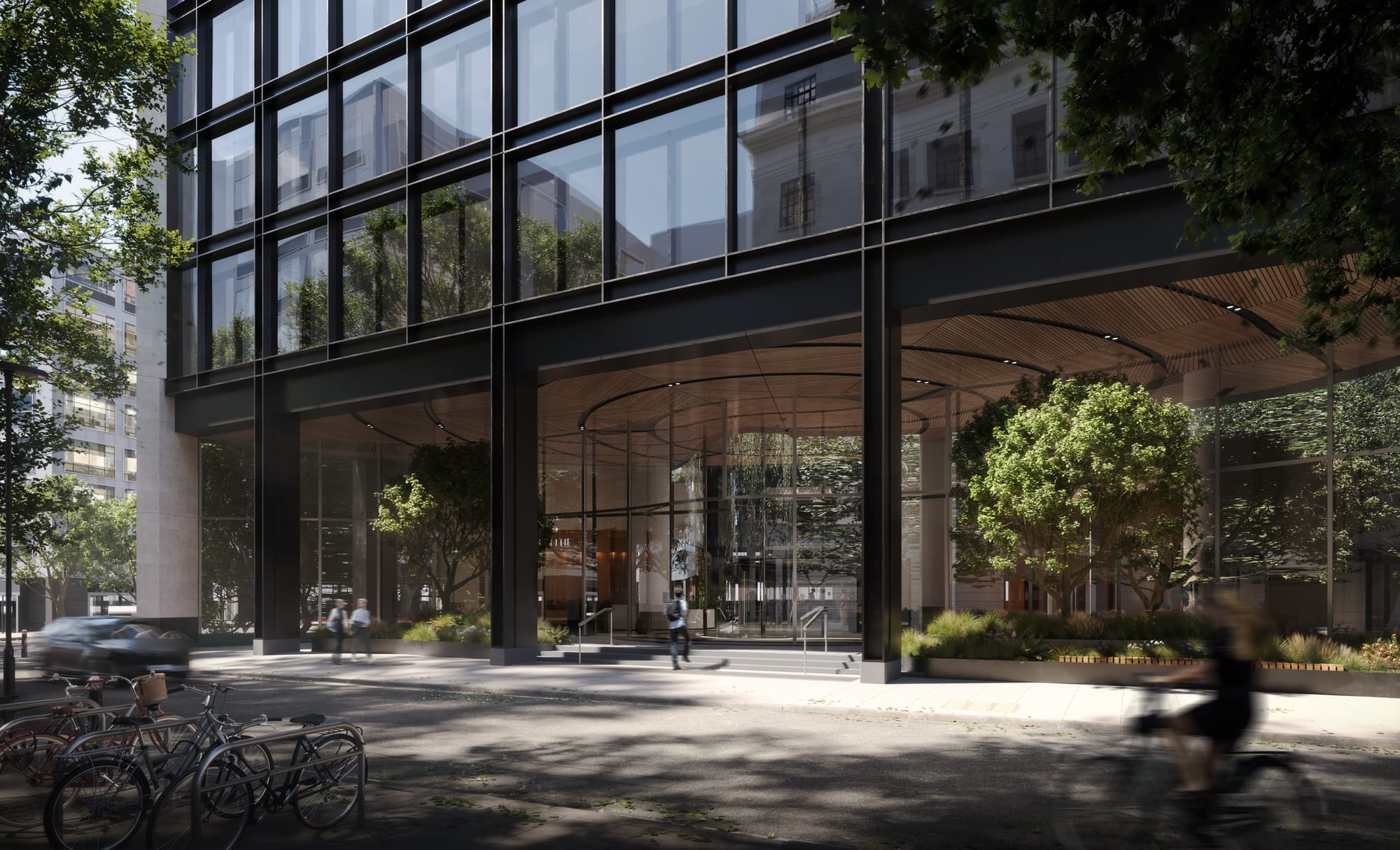 View of the building entrance from the street